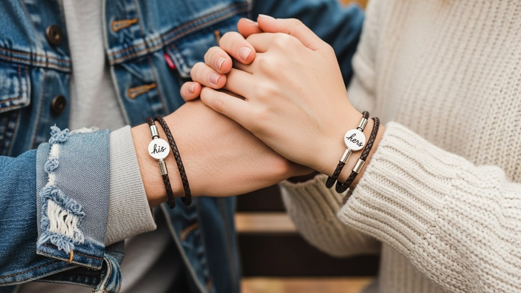  couples jewellry of bracelets worn on a casual outfit