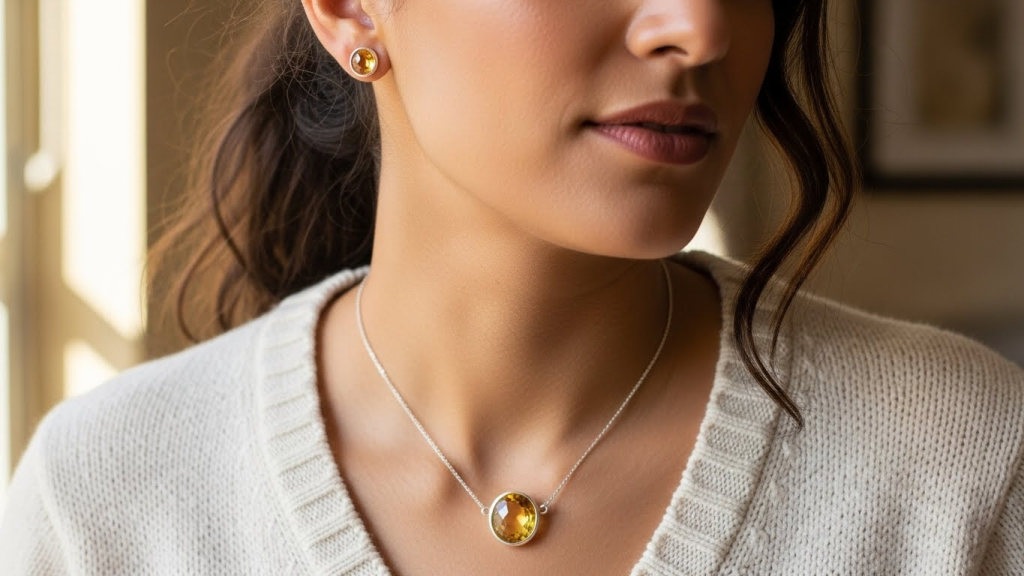Citrine stud birthstone necklace as per her birth month